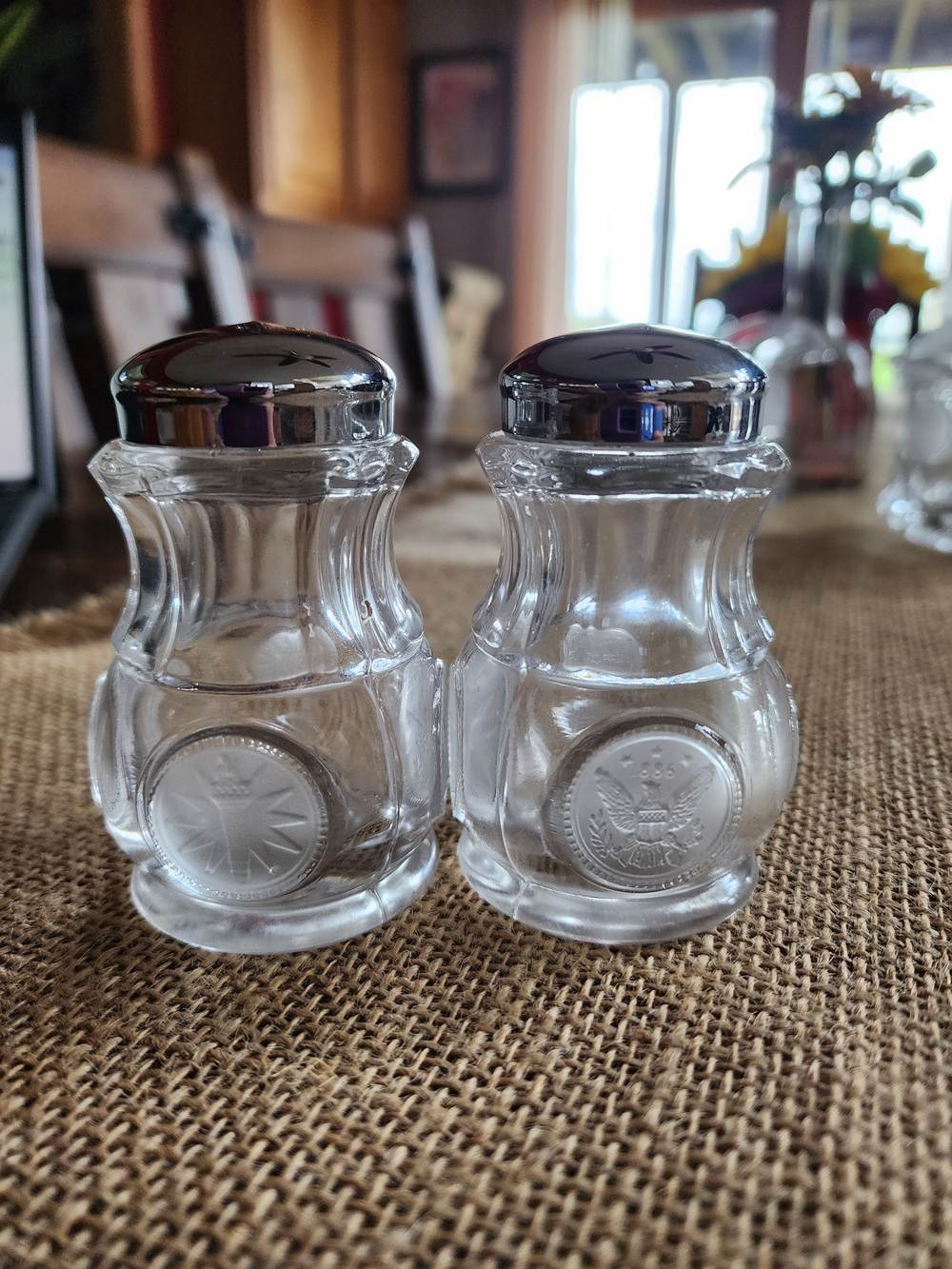 Fostoria Coin Salt and Pepper Shakers with Chrome Lids